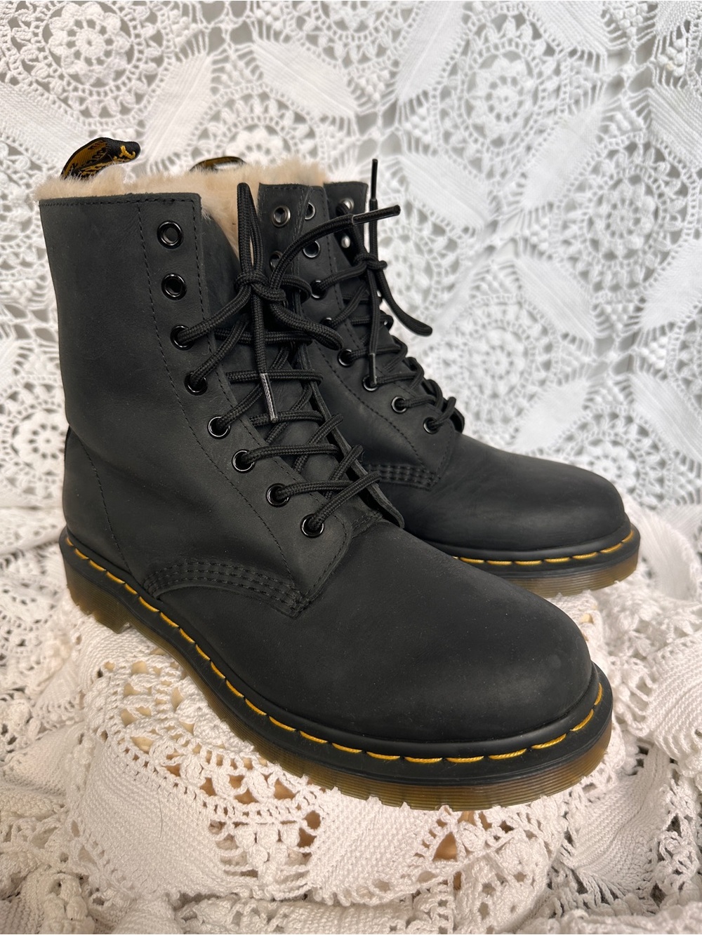Dr. Martens 1460 Serena Faux Fur Lined Black Leather Boots - Women's Size 9